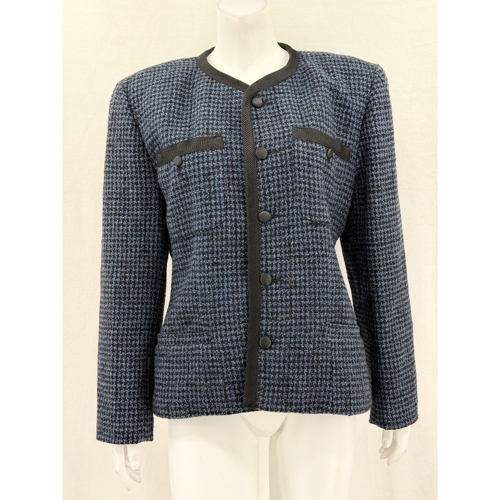 Vintage Lizwear Liz‎ Claiborne Blazer Womens 12 Blue Black Wool Tweed Academia